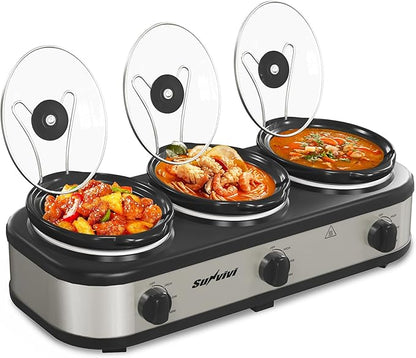 Sunvivi Triple Slow Cooker, Buffet Server and Food Warmer, Small Mini Pot