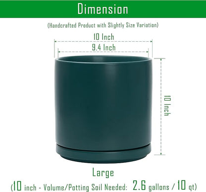 D'vine Dev 10 Inch Ceramic Planter Pot, Teal, 94-O-E-9 | Modern Cylinder Design, Drainage Hole & Saucer Included, Stable Structure, Elegant Home Accent