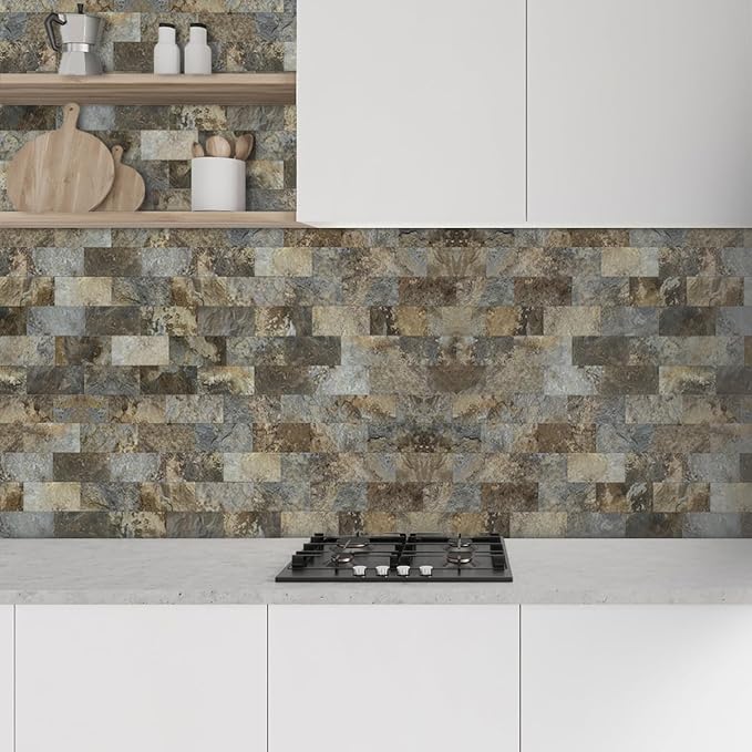 AULIGET 100-Piece Beige & Brown Slate Peel and Stick Backsplash Wall Tiles