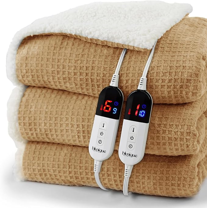 Heated Blanket Electric Blanket Queen Waffle, 84x90 Inches Dual Controllers