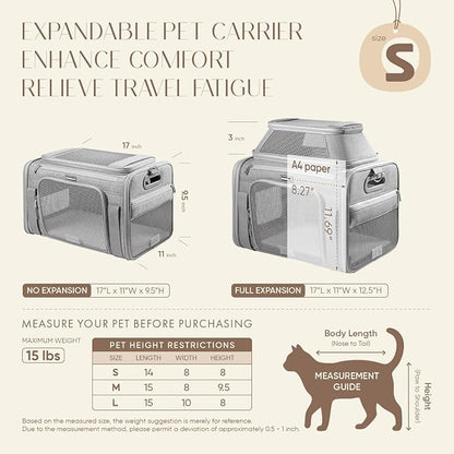 Top-Expandable Pet Carrier with Treat Pet Window,17x11x9.5 Airline Approved | for Alaska Hawaiian,Soft-Sided Dog Carrier, Anti-Scratch Mesh, Lockable Zippers,Cat Carrier for Kitten,Rabbit,Puppy,Grey