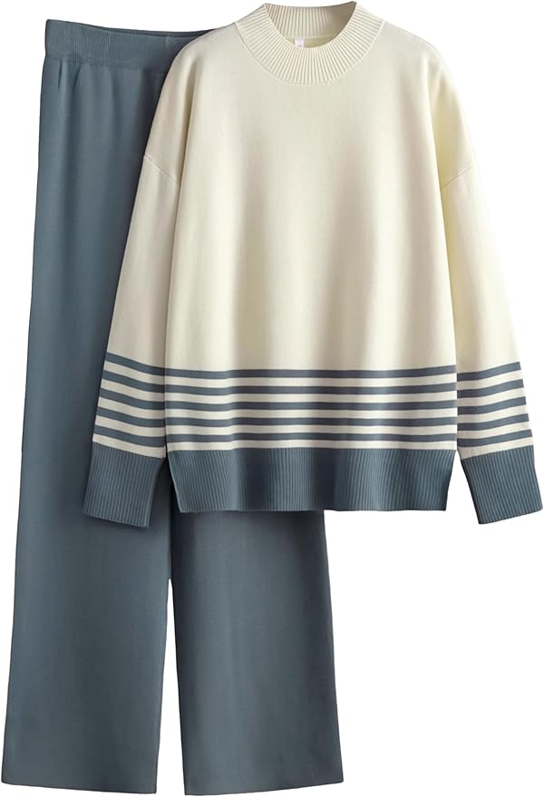 Tanming Women's Lounge Sets 2 Piece Outfits Knitted Pullover Sweater Tops Wide Leg Pants Tracksuit