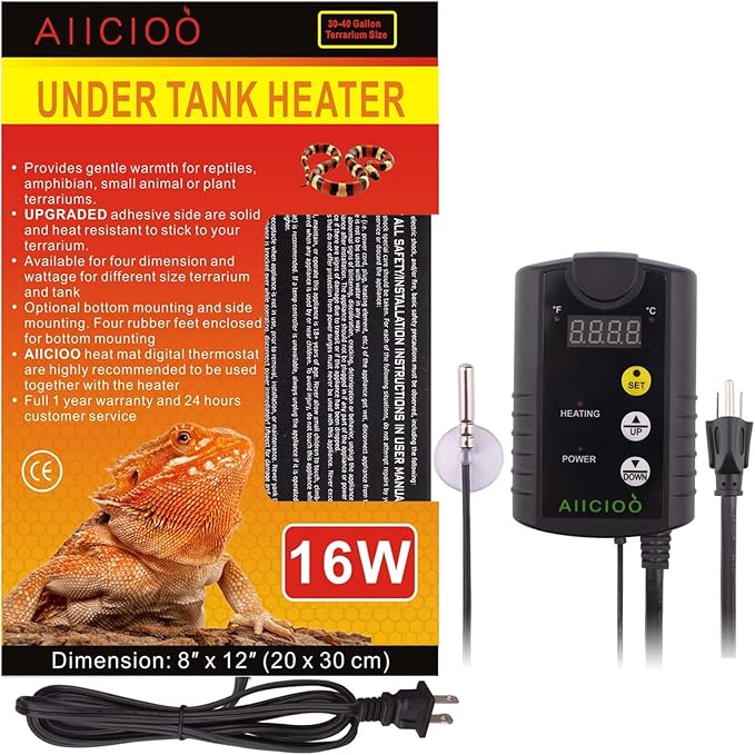 Aiicioo Under Tank Heater Thermostat - Reptile Heating Pad with Temperature Control Reptile Heat Mat for Combo Set for Hermit Crab Lizard Terrarium 16W