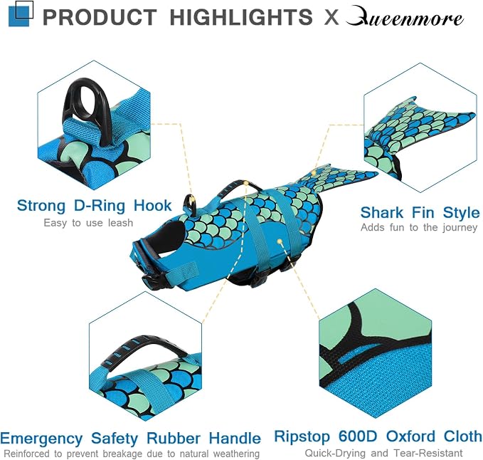 Mermaid Dog Life Jacket - Lightweight Dog Swimming Vest, High Buoyant for Small, Medium, Large Dogs (Blue, M)