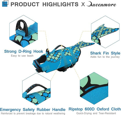 Mermaid Dog Life Jacket - Lightweight Dog Swimming Vest, High Buoyant for Small, Medium, Large Dogs (Blue, M)