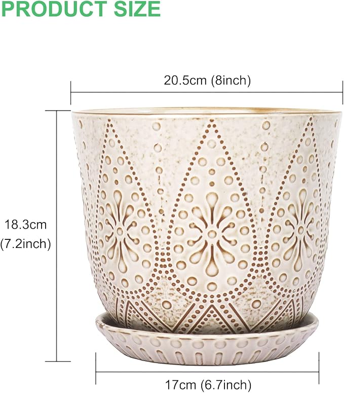 Gepege 8 Inch Plant Pot, Creamy White Ceramic Planter with Drainage Holes and Saucers for Plants Indoor and Outdoor Flower Pot