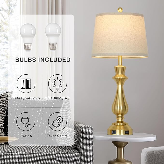 Modern Gold Table Lamps Set of 2 for Living Room,30" Tall Bedside Lamp with USB Charging Port,3-Way Dimmable Touch Nightstand Lamp for Bedroom Desk Side Table Office,Gold