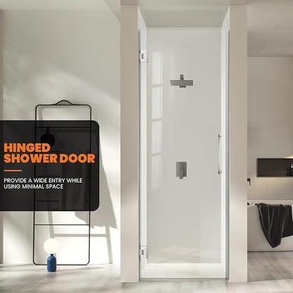 Bathroom Frameless Shower Door 24" W*72" H, 5/16" Clear Tempered Glass Hinged
