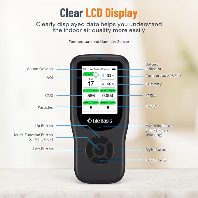 LifeBasis Air Quality Monitor Indoor, 11-in-1 Air Quality Detector