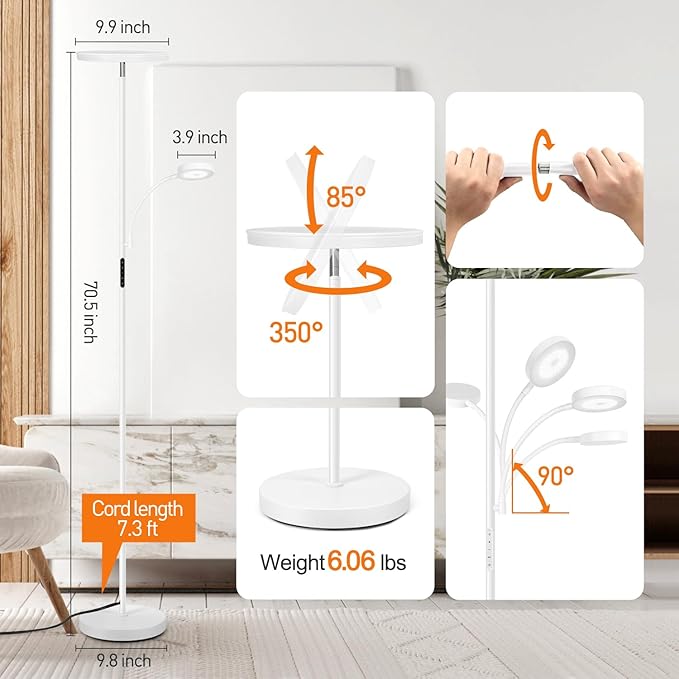 OUTON LED Floor Lamp, 27W/2400LM Modern Torchiere & 7W/ 400LM Reading Lamp, Bright Dimmable Standing Tall Lamp with 4 Color Temperature, Remote Touch Control for Living Room Bedroom Office, White