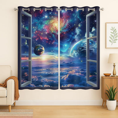 Space Galaxy Blackout Curtains for Girls Boys Kids Home Decor, Universe Nebula Galaxies Solar Planet Grommet Thermal Insulated Drapes Darkening Window Curtain for Bedroom Living Room, 84 x 84 Inch