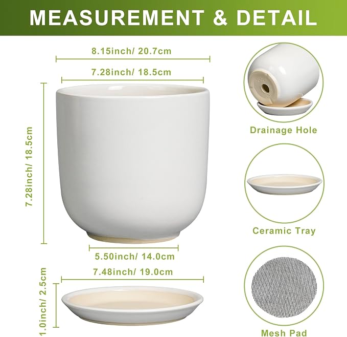 Ceramic Plant Pot - Modern 8 Inch Round Planter for Indoor Outdoor Plants with Drainage Hole and Saucer, Home House Room Office Decor, White