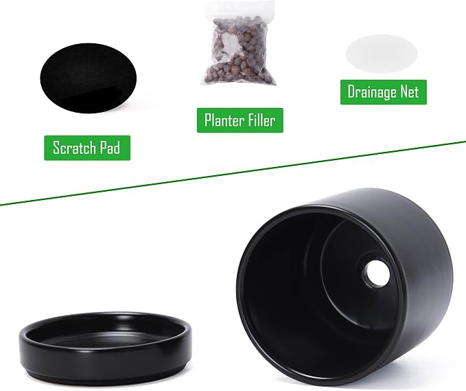 D'vine Dev 4.7 Inch Ceramic Planter Pot, Black, 94-O-B-2 | Modern Cylinder Design, Drainage Hole & Saucer Included, Stable Structure, Elegant Home Accent