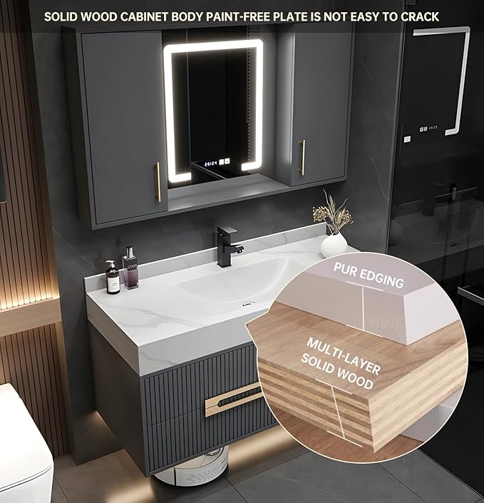 Floating Bathroom Vanity with Sink, 36IN Bathroom Vanities Cabinet Includes LED