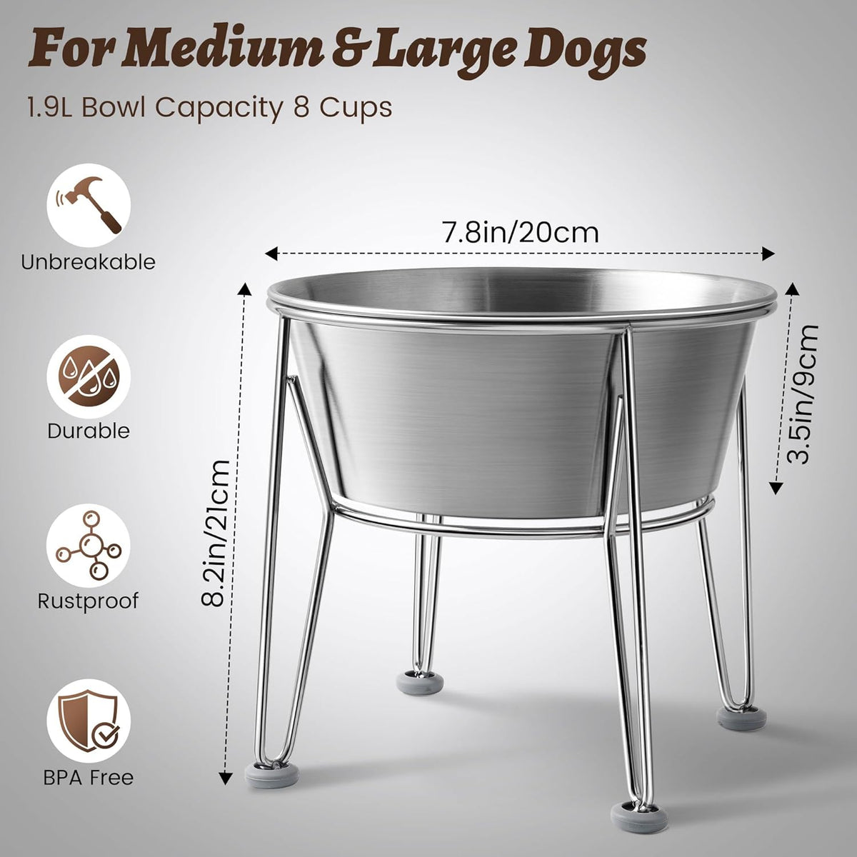 Elevated Dog Bowls for Large & Medium Dogs - Stainless Steel 64oz/8 Cup Raised Feeder with Non-Slip Base, Dual Food & Water Bowls 2-Pack