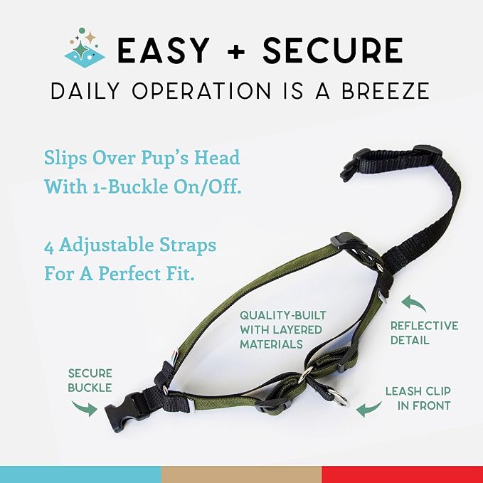 No Pull Dog Harness | Comfortable Training Harnesses | Effective No Pull Harness Design | Ideal for Medium Sized Dog | 4-Point Adjustable(M - 22~28 inch Girth, Olive)