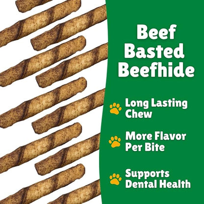 Lucky Premium Treats Beef Basted Rawhide – All-Natural Rawhide and Beef Dog Treats for Extra Small Dogs, Gluten Free Premium Toy Breed Dog Treats (50 Chews)