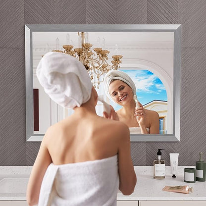 Amorho 48X36 Inch Bathroom Mirror Silver, Thick Metal Framed Wall Mirrors