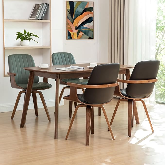 WUPOTO MCM Dining Chairs, Set of 6 Mid Century Modern Chairs with Walnut Craftsmanship, Upholstered Faux Leather, Wooden Arms and Legs, Faux Leather Dining Chairs for Kitchen/Living Room - Green