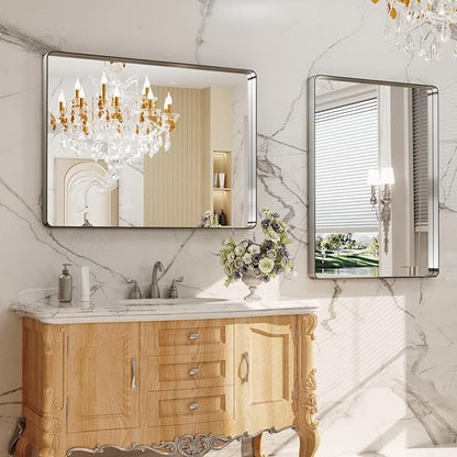 LOAAO 40X24 Inch Brushed Nickel Bathroom Mirror, Rounded Rectangle Silver Metal