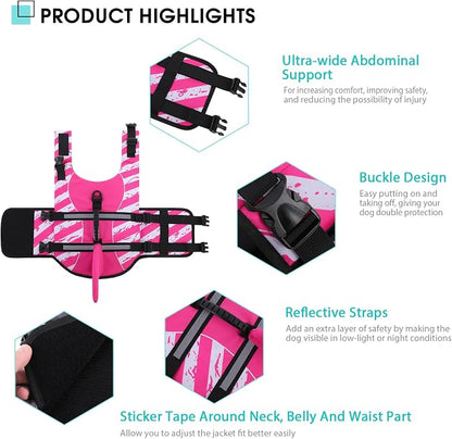 Dog Life Jacket High Flotation, Reflective Dog Life Vest for Swimming, Adjustable Dogs Life Preserver Rescue Handle Spring Summer Pool for Small, Medium, Large Dogs (Pinkwhite,XXL)