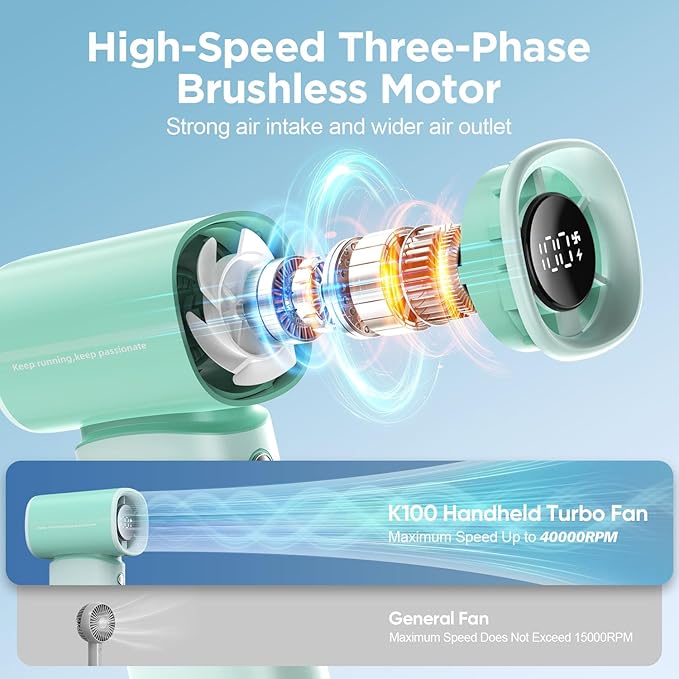 K-RUNMAN Portable Handheld Turbo Fan, 100 Speeds Adjustable Mini Personal Fan