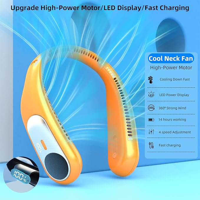 Portable Neck Fan, Personal Wearable Bladeless Fan, LED Display, 6000mAh USB