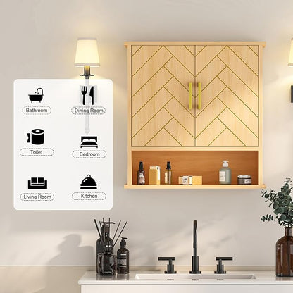 Natural Chevron Pattern Bathroom Wall Mount Cabinet, Over The Toilet Storage