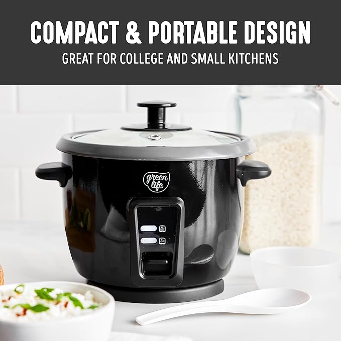 GreenLife Rice Cooker with Removable PFAS-Free Ceramic Nonstick Pot, 3-Cups
