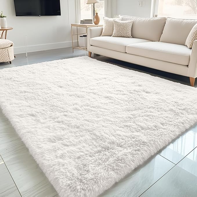 OLANLY 5x8 Machine Washable Large Area Rugs for Living Room, Bedroom, Soft Fluffy Shaggy Bedside Rug, Indoor Floor Carpet for Kids Girls and Boys, Dorms, Nursery, Home Decor Aesthetic, Ivory