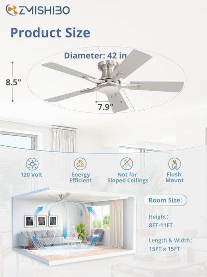 ZMISHIBO 42 Inch Ceiling Fan No Light, Flush Mount Low Profile, Modern Nickel