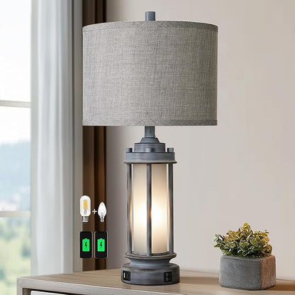 Rustic Table Lamp for Bedroom Living Room with 2 USB Ports, Farmhouse Vintage Nightstand Lamp 25'' with Light Green Glass Nightlight, Antique Retro Desk Lamp for Entryway, 2 Bulbs Included