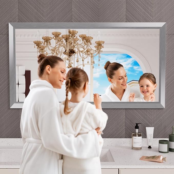 Amorho Bathroom Mirror, 50 X30 Inch Silver Thick Metal Framed Wall Mirrors