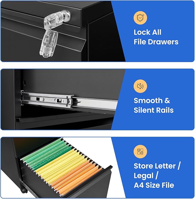 MIIIKO 2 Drawer File Cabinet on Wheels, Home Office Mobile File Drawers Under