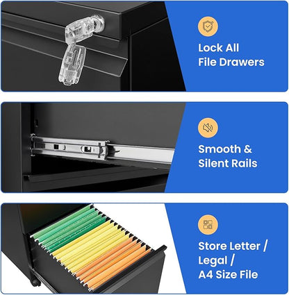 MIIIKO 2 Drawer File Cabinet on Wheels, Home Office Mobile File Drawers Under