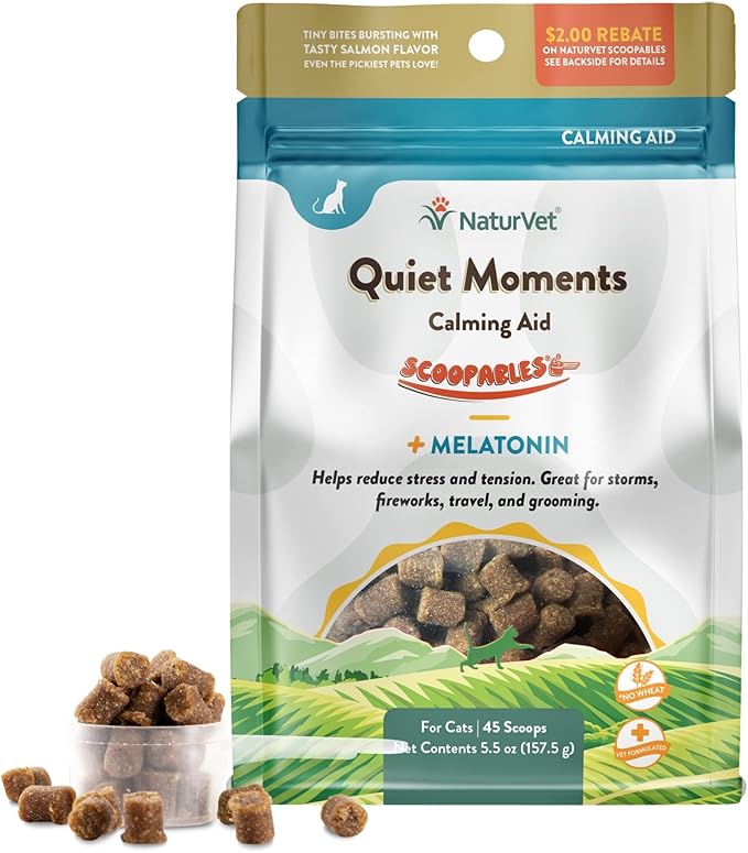 NaturVet Scoopables Quiet Moments Cat Calming Aid - Promotes Calm with Stressful Events Storms, Fireworks, Travel, Separation Anxiety - Cat Health Supplement w/Melatonin - Salmon Flavored | 5.5oz Bag