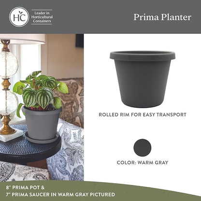The HC Companies 8 Inch Prima Round Planter Pots with Drainage Holes and Rolled Rim, Lightweight UV-Resistant Plastic Indoor & Outdoor Planters, 4-Pack Flower Pots for Garden & Home Decor, Warm Gray