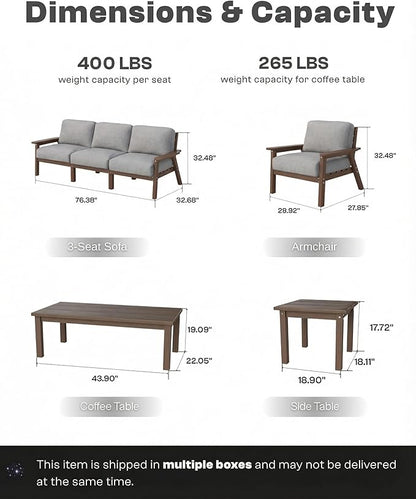 Patio Kingdom HDPE 7 Piece Patio Furniture Set, HDPE Outdoor Sectional with with Gray Thick Cushions, Coffee Table and Side Table, Patio Conversation Sets for Lawn, Garden, Porch (Brown Frame)