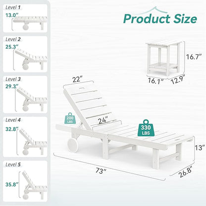 Outdoor Chaise Lounge Chairs with Table, 6-Piece, 26.8” Super Wide Lounge Chair Outdoor, HDPS Pool Chairs with 5 Positions, Patio Lounge Chair with Wheels for Pool,Lawn,Backyard, White