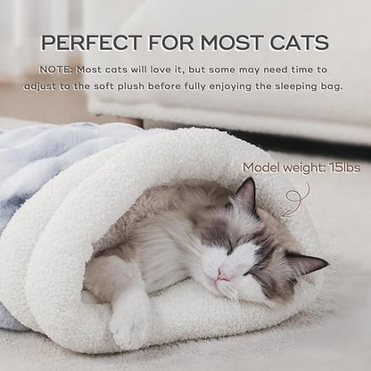 Cat Sleeping Bed for Indoor Cats Self Warming Cat Bag Fits up to 15 lbs Pets Soft Plush Warm Bed 360° Wrap Bag Washable Comfortable Pet Sleeping Bed 21" × 17" Blue White