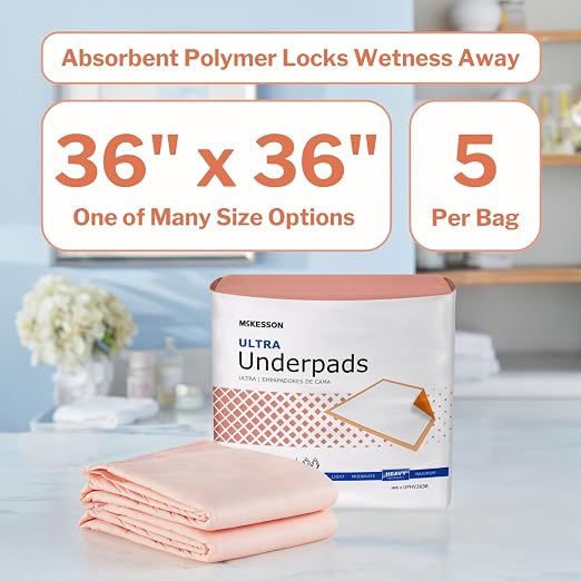 McKesson Underpads Bed Pads, Elderly, Heavy Absorbency, 36 x 36 in, 5 ct | Baby Changing, Pee Pads, Adult Incontinence Bed Pads, Chux