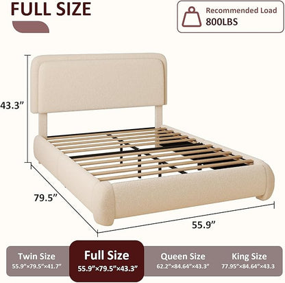 Full Boucle Platform Bed Frame with Height Adjustable Headboard, Modern Upholstered Cloud Bed, Sleek Curved Design, No Box Spring Needed, Easy Assembly, Noise Free, Beige