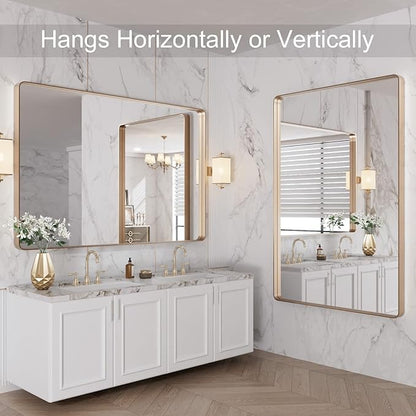 LOAAO 48”X32” Gold Bathroom Mirror, Rounded Rectangle Gold Frame Mirror
