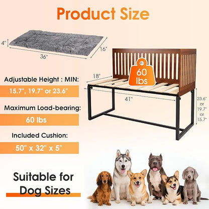 TIEBOLA Bedside Dog Bed 41"x18", Adjustable Height Metal Frame with Soft Cushion for Small Medium Dogs.