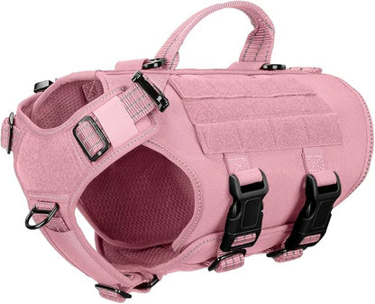 ICEFANG No Pull Tactical Dog Harness for Small Dogs,Adjustable Dog Vest | Control Handle,MOLLE Panel,Front Hook,3 Leash Clips,Soft Padded,for walking training,Pink,Small