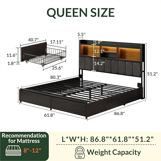 LARMACE Queen Bed Frame with 6 Storage Drawers, Bed Frame Queen Size with Linen Upholstered Headboard, Built in Charging Station and LED, No Noise, Metal Support, No Box Spring Needed,Vintage Black