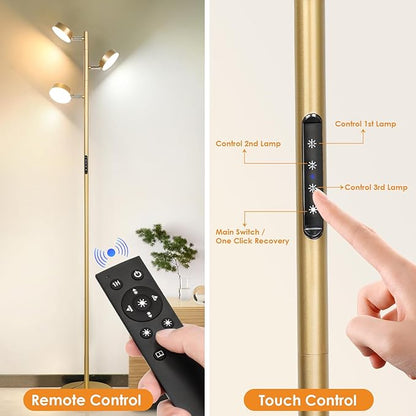 Gold Floor Lamp for Living Room with Remote Modern Tall Standing Lamp Dimmable LED Brass Tree Floor Lamps with 3 Adjustable Heads Touch Control 4 Color Temperatures for Bedroom Office Reading