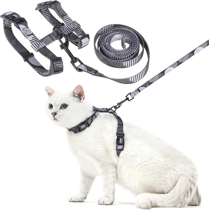 PUPTECK Adjustable Cat Harness and Leash Set Escape Proof Kitten Strap Collar for Walking Travel, Printed Dark Grey