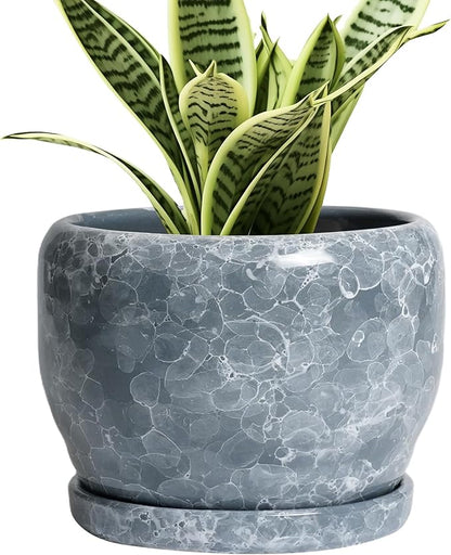 SQOWL 6 Inch Plant pots Indoor - Ceramic Planter with Drainage Hole and Saucer, Ceramic Flower Pot Outdoor, Decorative Round Planter, Home Decor Living Room, Gifts for Plant Lovers, Gray