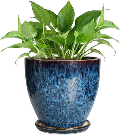 6 Inch Plant Pot - Ceramic Pots for Plants with Drainage Hole and Saucer, Ceramic Planters for Indoor Plants Outdoor, Decorative Round Planter, Room Home Decor, Gifts for Plant Lovers, Blue